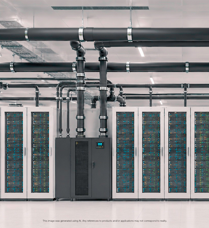 Vertical data center image showing server cabinets and insulated cooling pipework.