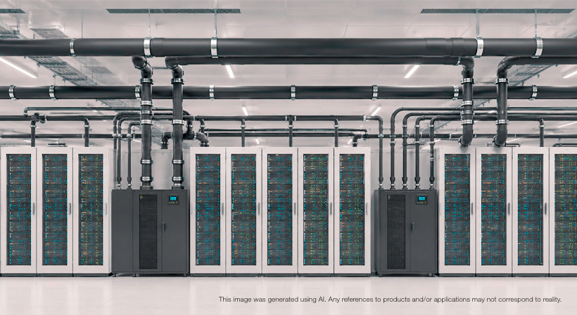 Server racks in a data center beneath insulated cooling pipes.