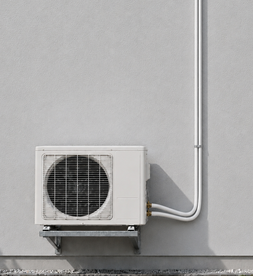 Tall web news crop showing an outdoor air conditioning unit beneath a vertical insulated pipe run.