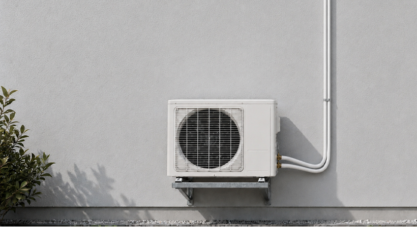 Wide web news image showing an outdoor air conditioning unit and insulated line connection on a grey wall.