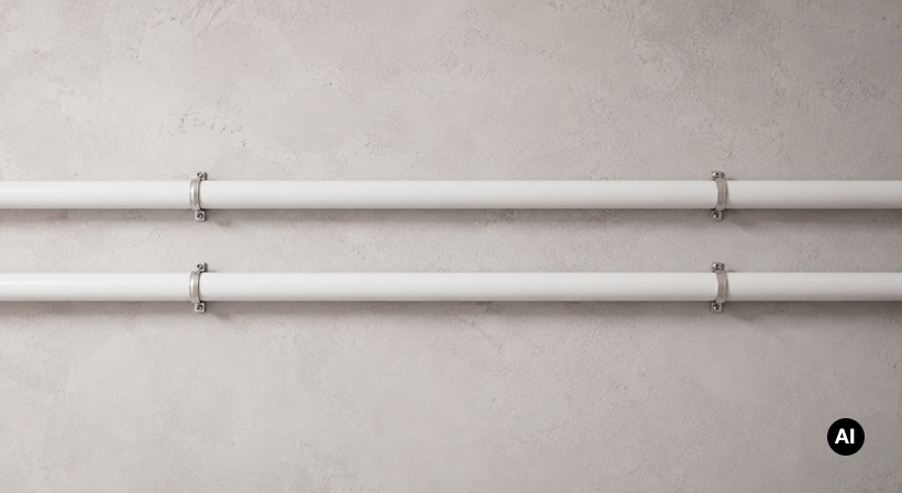 Two white multilayer pipes secured horizontally to a light concrete wall.