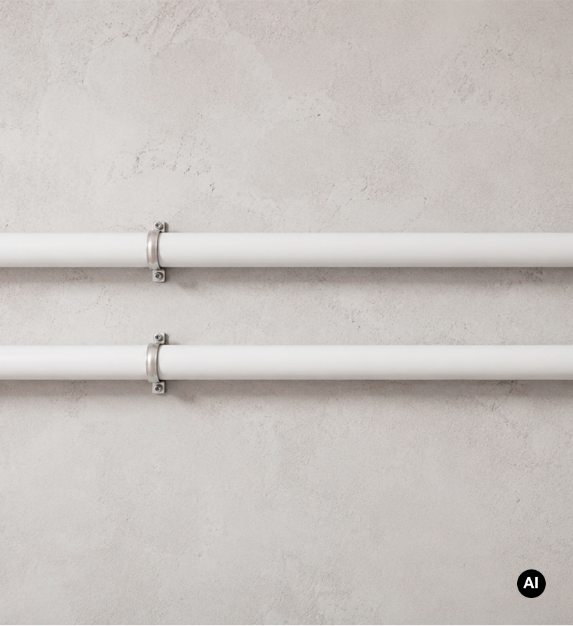Two white multilayer pipes secured horizontally to a light concrete wall.