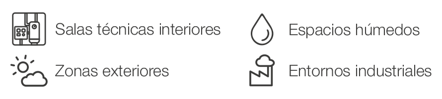 Iconos de aplicaciones para el aislamiento en salas técnicas interiores, espacios húmedos, zonas exteriores y entornos industriales.