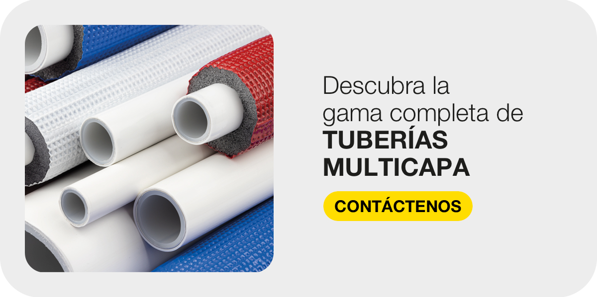 Banner K-FLEX con tuberías multicapa desnudas y aisladas e invitación a descubrir la gama completa