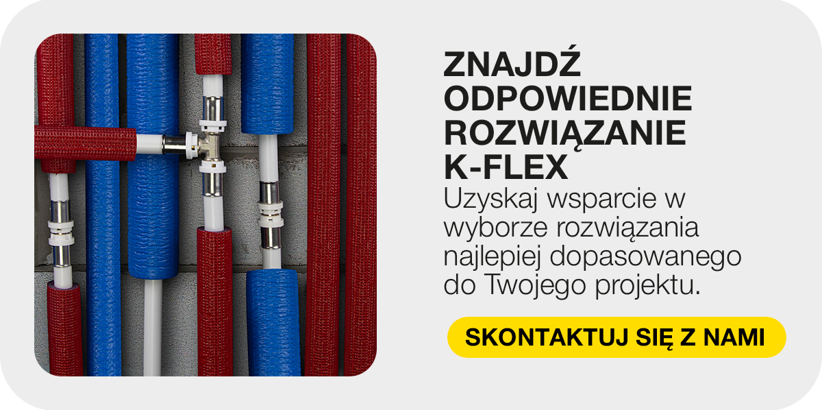 Instalacja z czerwonymi i niebieskimi rurami wielowarstwowymi K-FLEX oraz złączkami.