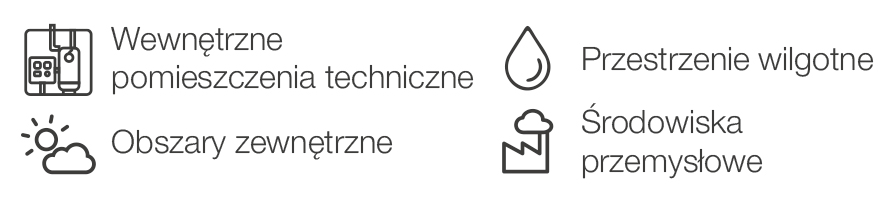 Ikony pokazujace zastosowania izolacji w pomieszczeniach technicznych, przestrzeniach wilgotnych, strefach zewnetrznych i srodowiskach przemyslowych.