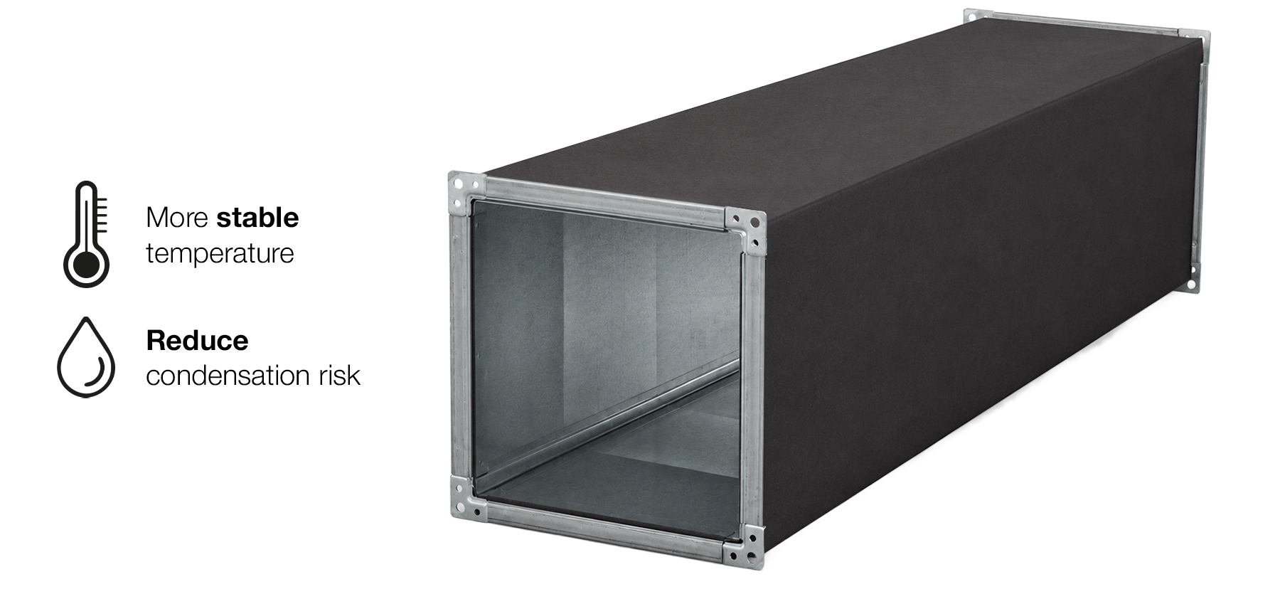 Rectangular air duct insulated with black rubber, highlighting stable temperature and reduced condensation risk.