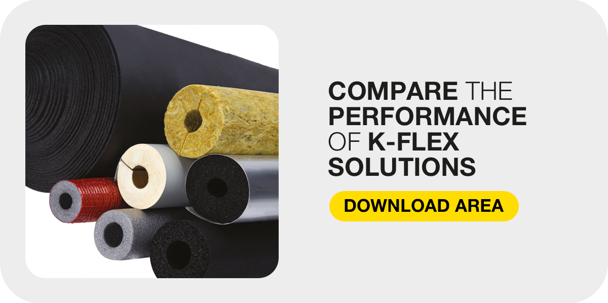 Call-to-action graphic with insulation material rolls inviting users to compare K-FLEX solution performance.