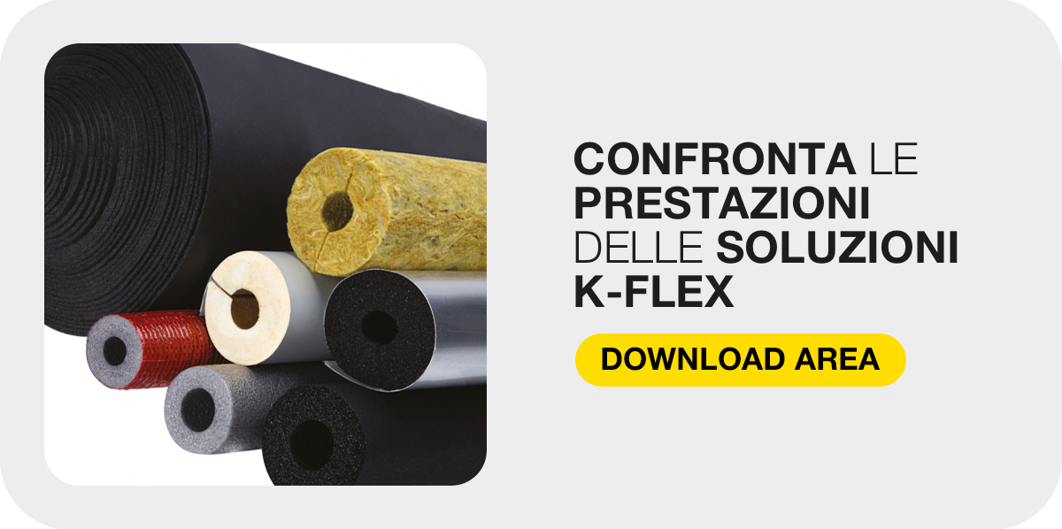 Grafica call to action con rotoli di materiale isolante per confrontare le prestazioni delle soluzioni K-FLEX.