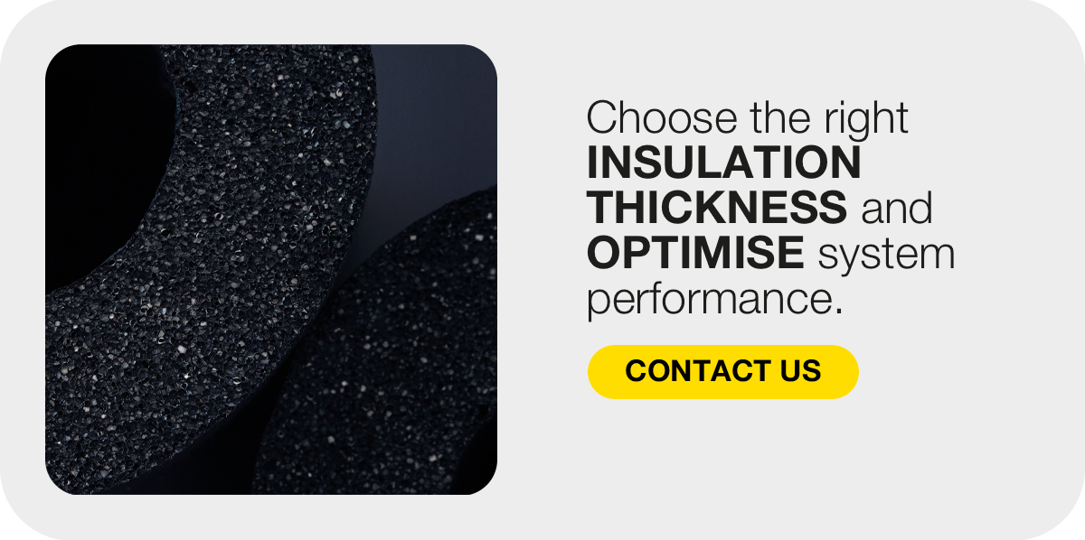 K-FLEX web banner with insulation material and a Contact us CTA for choosing the right insulation thickness.