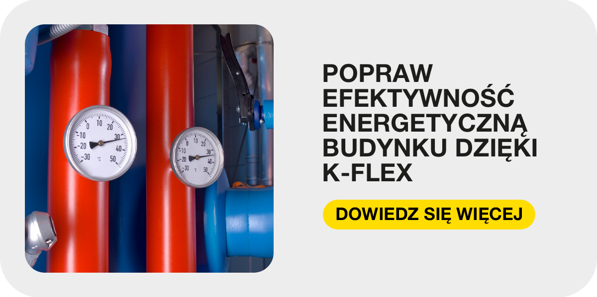 Dwa termometry na czerwonych rurach obok niebieskiej izolacji instalacji K-FLEX.