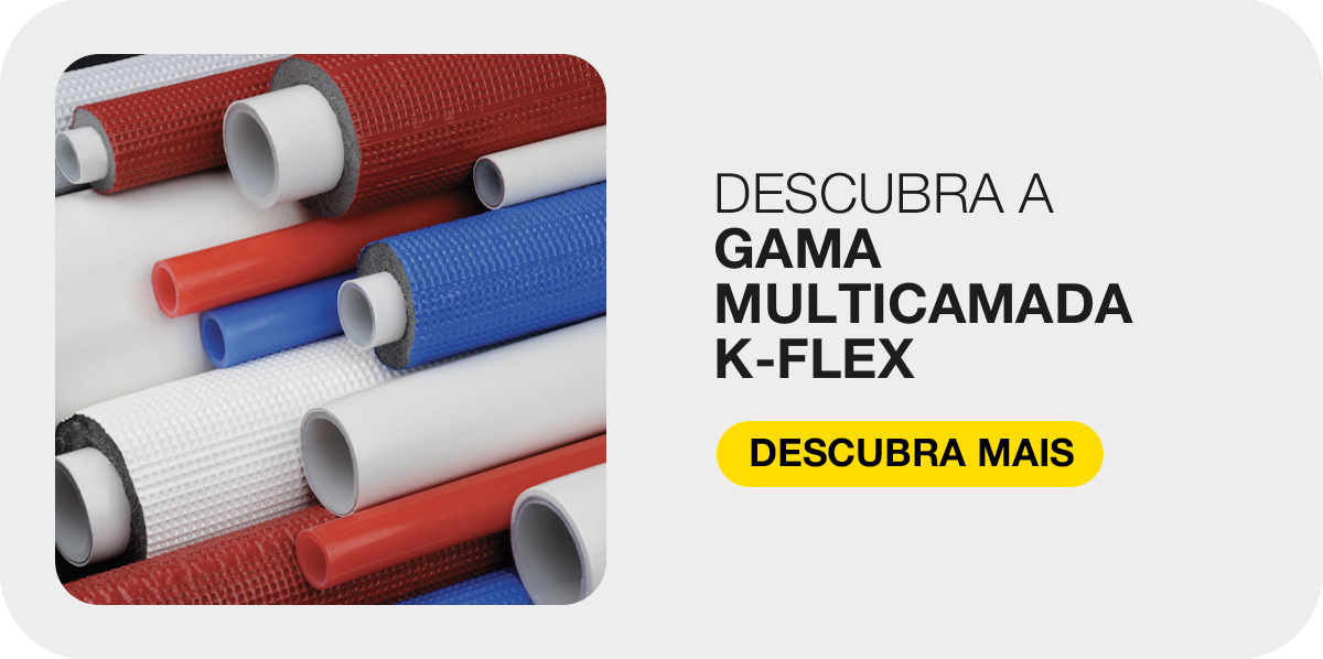 Tubagens flexíveis multicamada K-FLEX em branco, vermelho e azul, apresentadas em vários diâmetros.