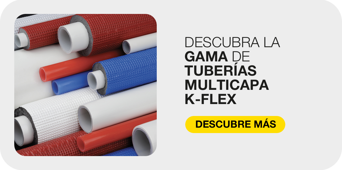 Tuberías multicapa K-FLEX con recubrimientos rojos, azules y blancos, presentadas como gama de producto.