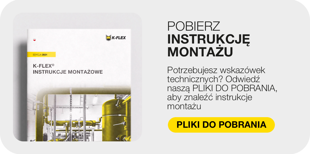 Okładka instrukcji montażowych K-FLEX oraz wezwanie do pobrania plików technicznych.
