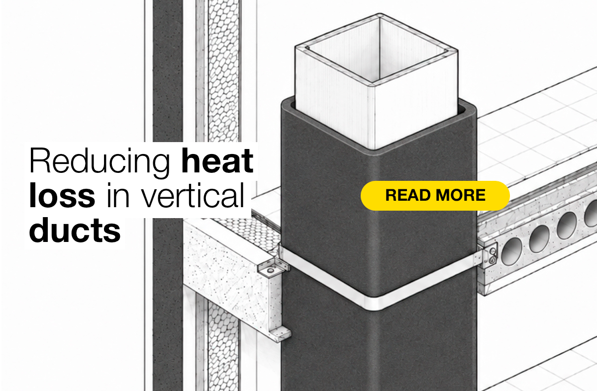 Technical illustration of an insulated vertical duct with a read more CTA.