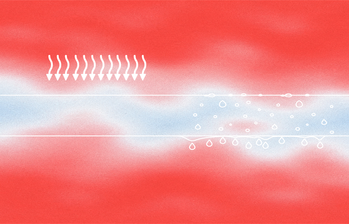 K-FLEX information graphic illustrating heat gain and condensation risk around a cold air conditioning surface.