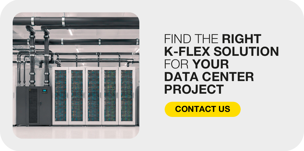 K-FLEX data center solution CTA with server racks and insulated cooling pipes.