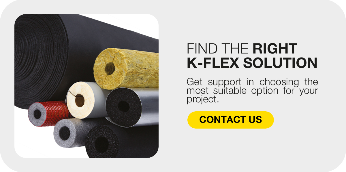 K-FLEX call-to-action graphic with insulation product rolls and the text Find the right K-FLEX solution, Contact us.