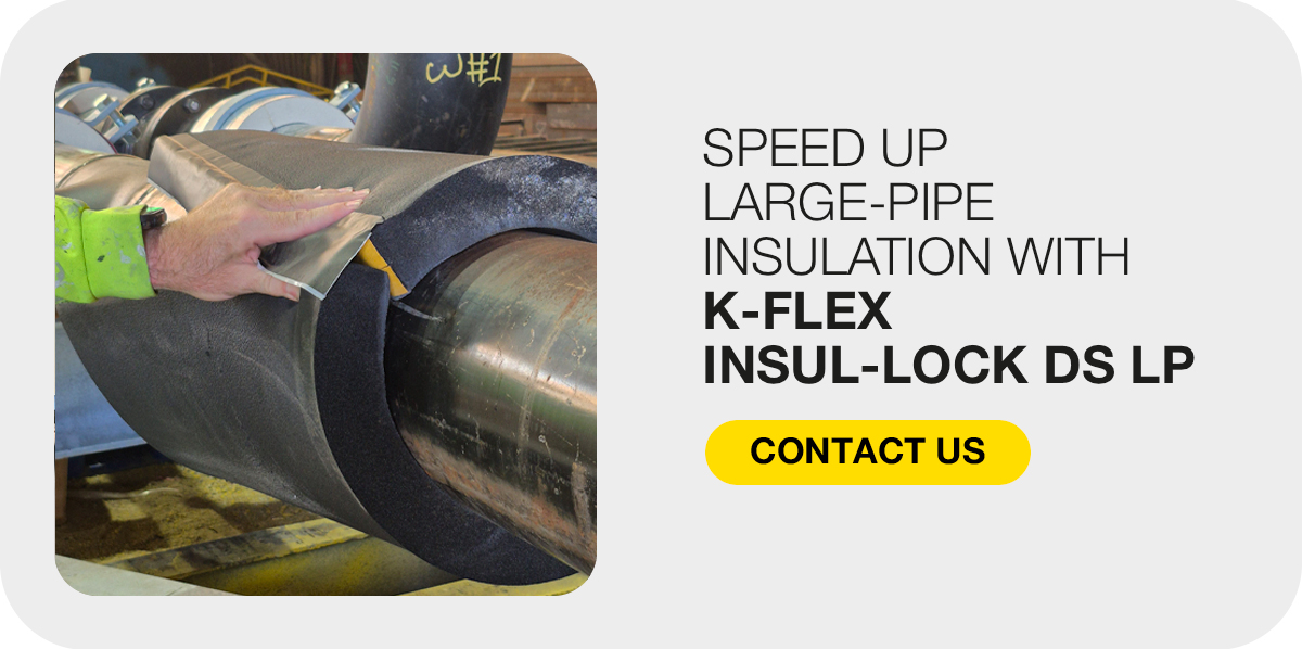 Worker applying K-FLEX INSUL-LOCK DS LP insulation to a large pipe.