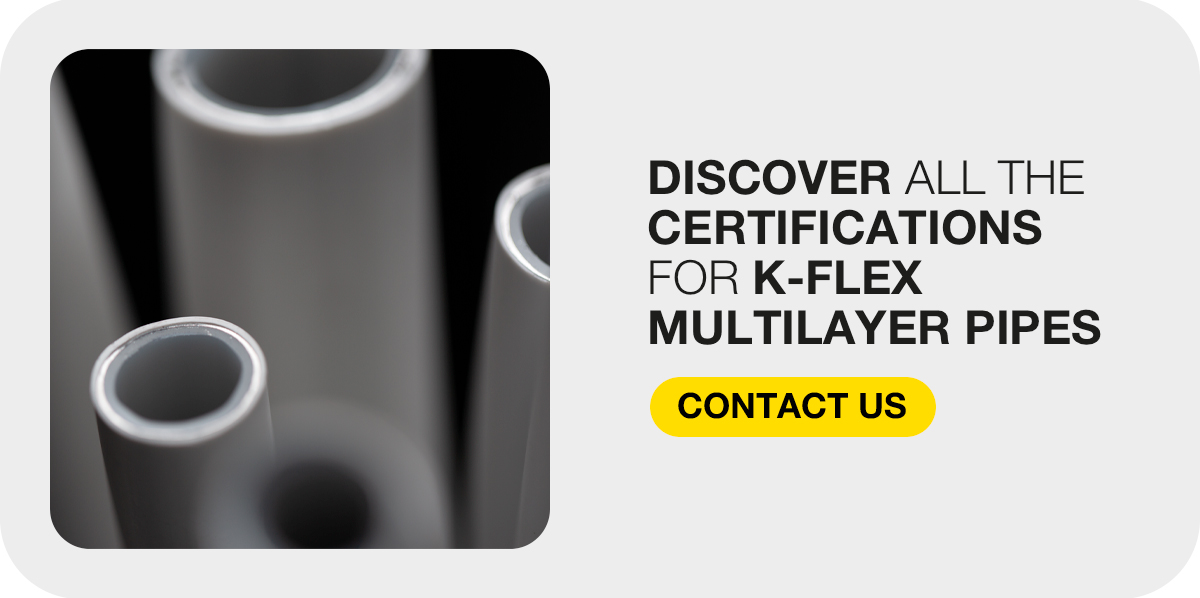 Close-up of multilayer pipe samples beside a call to discover K-FLEX certifications.