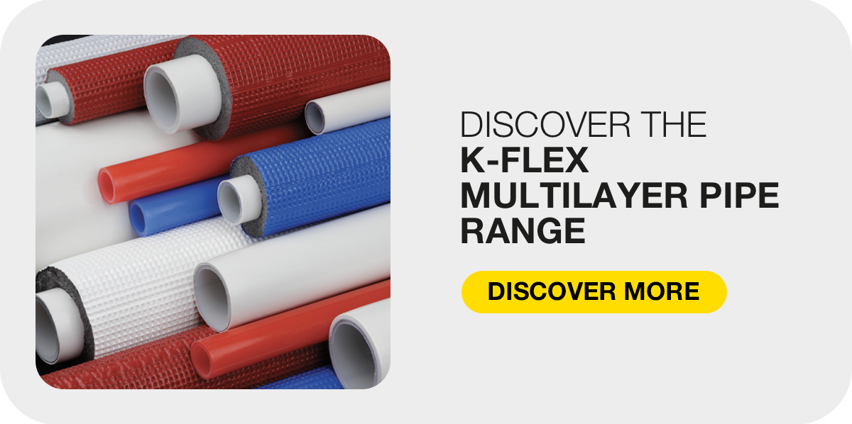 Assorted K-FLEX multilayer pipes in red, blue, white, and black beside a call to discover the product range.