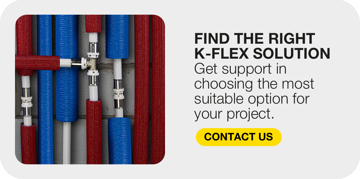 Red and blue K-FLEX multilayer pipes with fittings beside a call to find the right project solution.