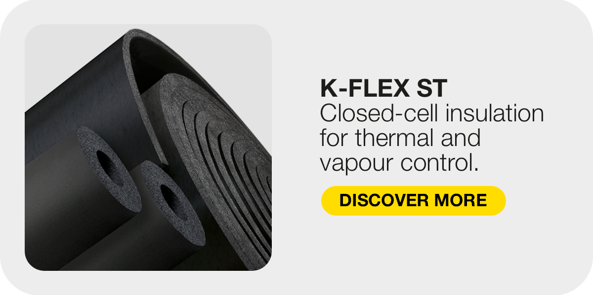 K-FLEX ST insulation tube and roll beside text about thermal and vapour control.