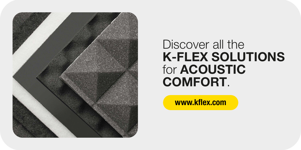 K-FLEX acoustic comfort banner with close-up insulation materials.