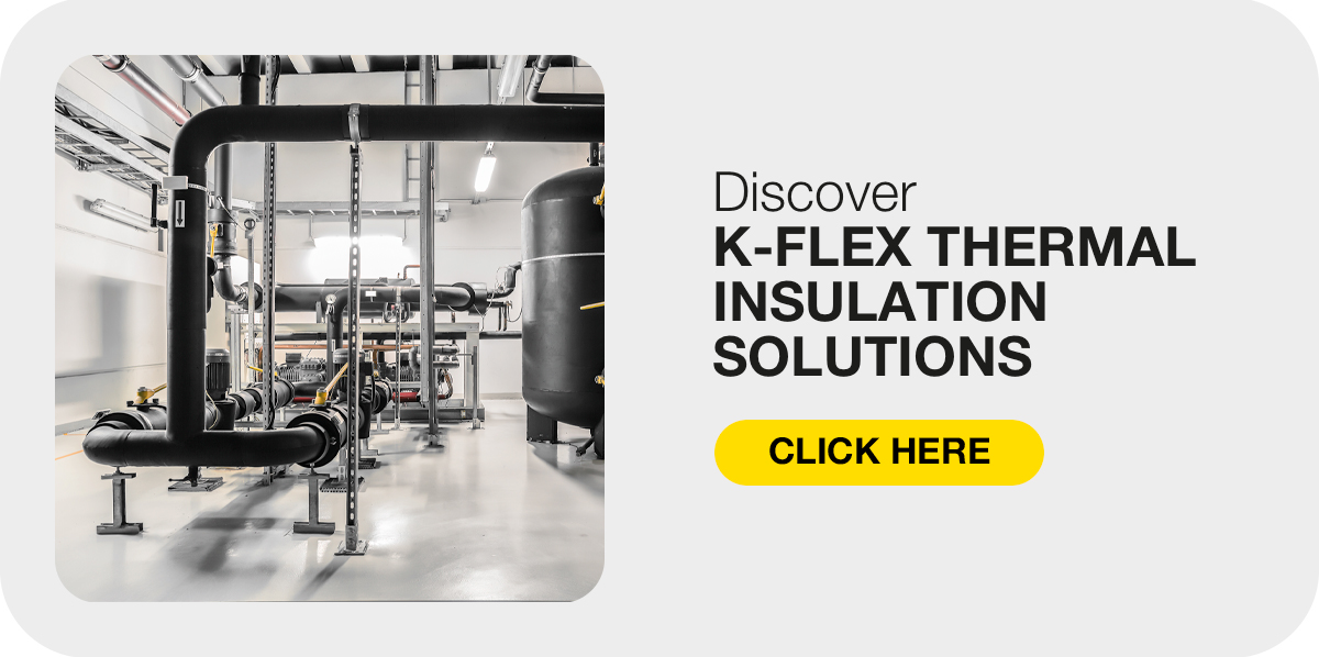 Web banner inviting users to discover K-FLEX thermal insulation solutions, with an industrial insulated pipework image.