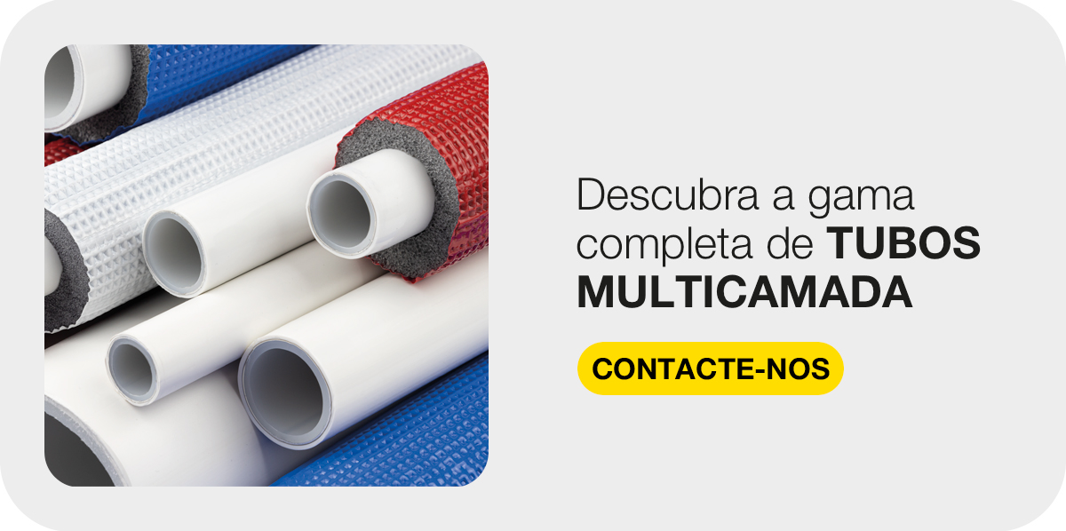 Banner K-FLEX com tubos multicamada nus e isolados e convite para descobrir a gama completa