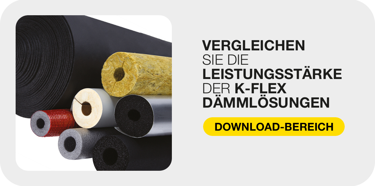 Call-to-Action-Grafik mit Rollen aus Dammmaterial zum Vergleich der Leistung von K-FLEX Losungen.