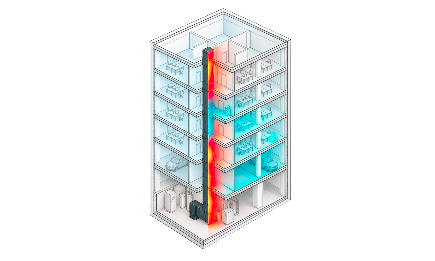 Ilustración técnica de un edificio de varios pisos con un conducto vertical y zonas térmicas calientes y frías.