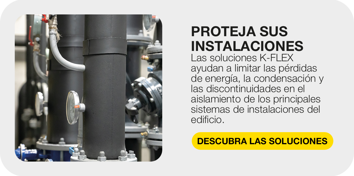 Tubería industrial aislada con manómetro y mensaje sobre reducción de pérdidas de energía y condensación con soluciones K-FLEX.