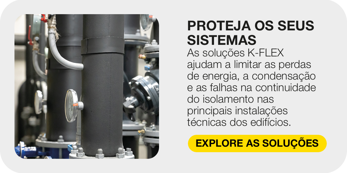 Instalação técnica com tubagens e equipamento isolados, acompanhada de uma mensagem sobre redução de perdas de energia e condensação com soluções K-FLEX.