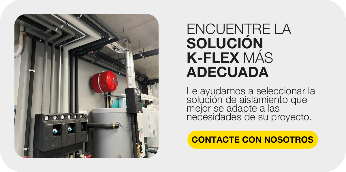 Sala técnica con tuberías aisladas y llamada a contactar para seleccionar la solución K-FLEX adecuada.