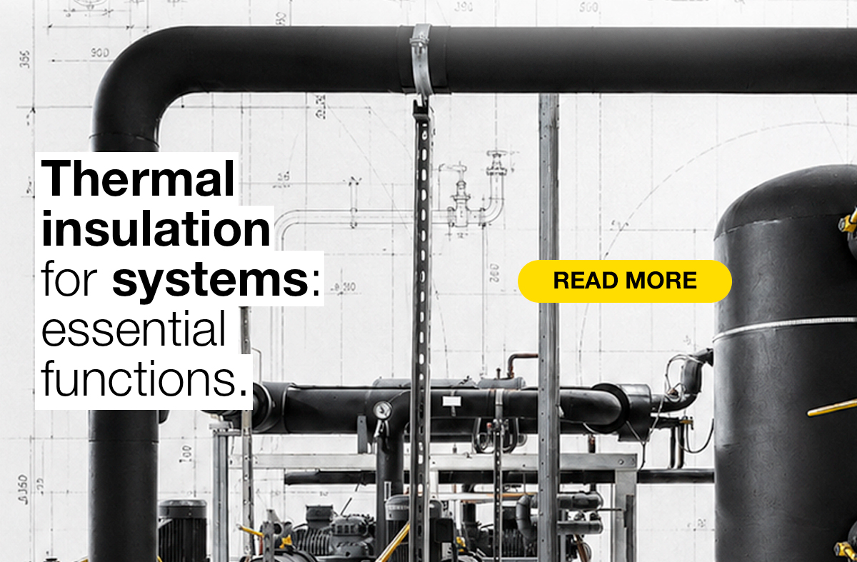 Web read-more banner for an article about thermal insulation systems, showing insulated pipework with a technical drawing background.